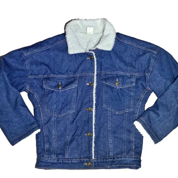 HengSheng Jeans Sherpa Lined Dark Denim Button-Down Jacket Winter MED Blue MENS - Picture 10 of 10